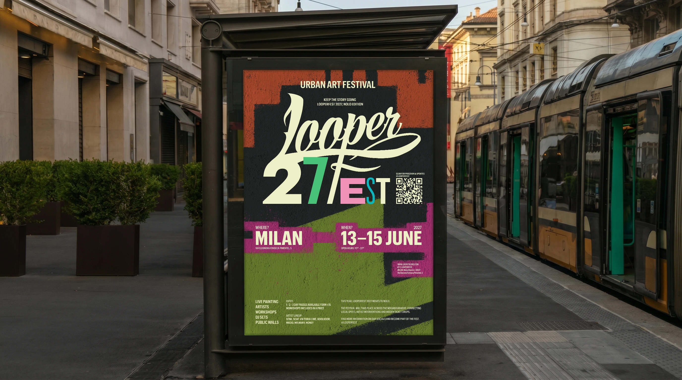 Looperfest poster mockup installed on a Milan street display